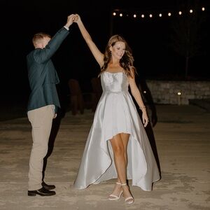 White Satin Pearl Detail High-low Dress